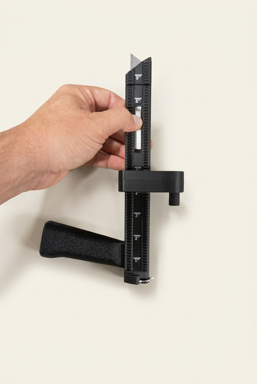 Thumb sliding the BoxPal Pro 2.0 utility blade out of its window to adjust the cutting depth