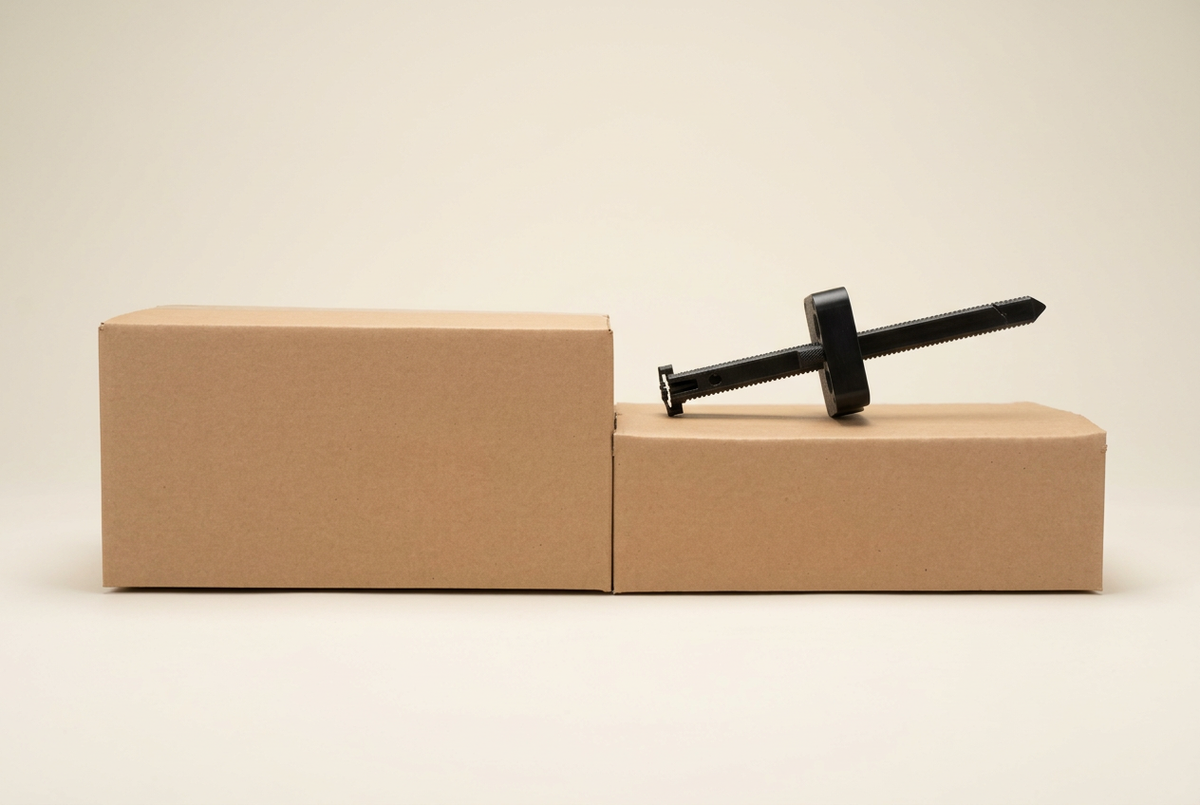 BoxPal Pro 2.0 resting on a box cut down to size, beside a taller box of the same footprint