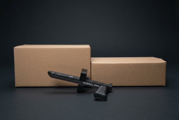 BoxPal Pro 2.0 lying in front of a tall stock box and a shorter box cut down to size