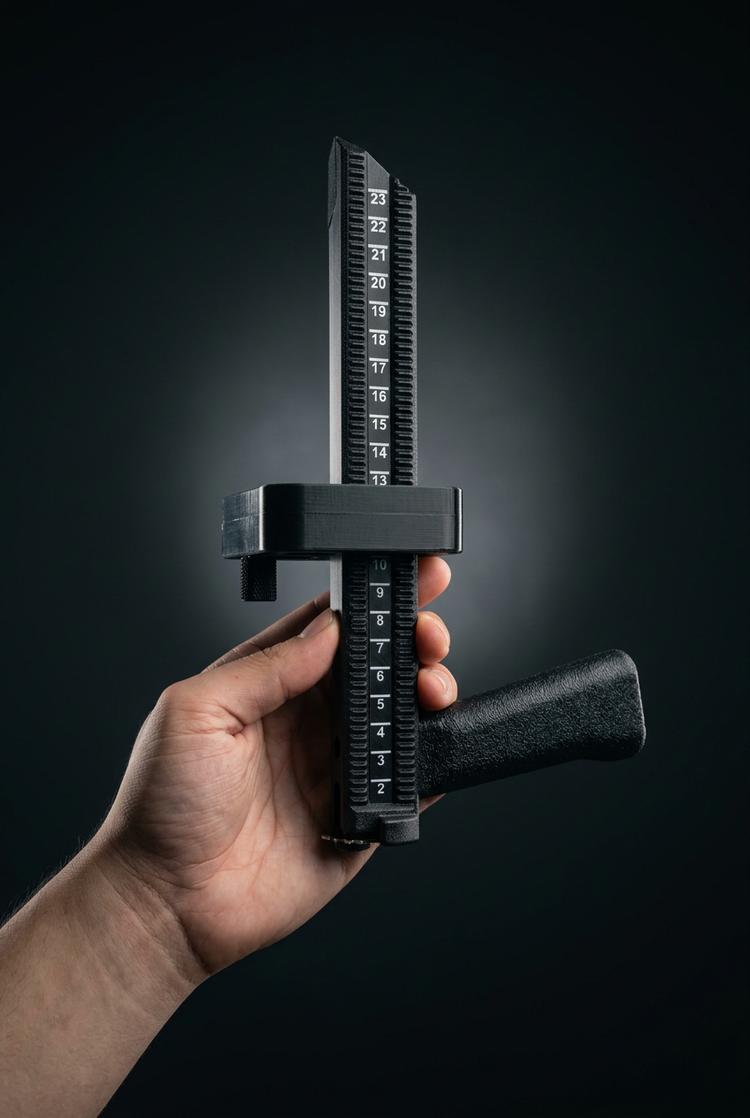 BoxPal Pro 2.0 held up against a dark background, showing the 2 to 23 scale on the back