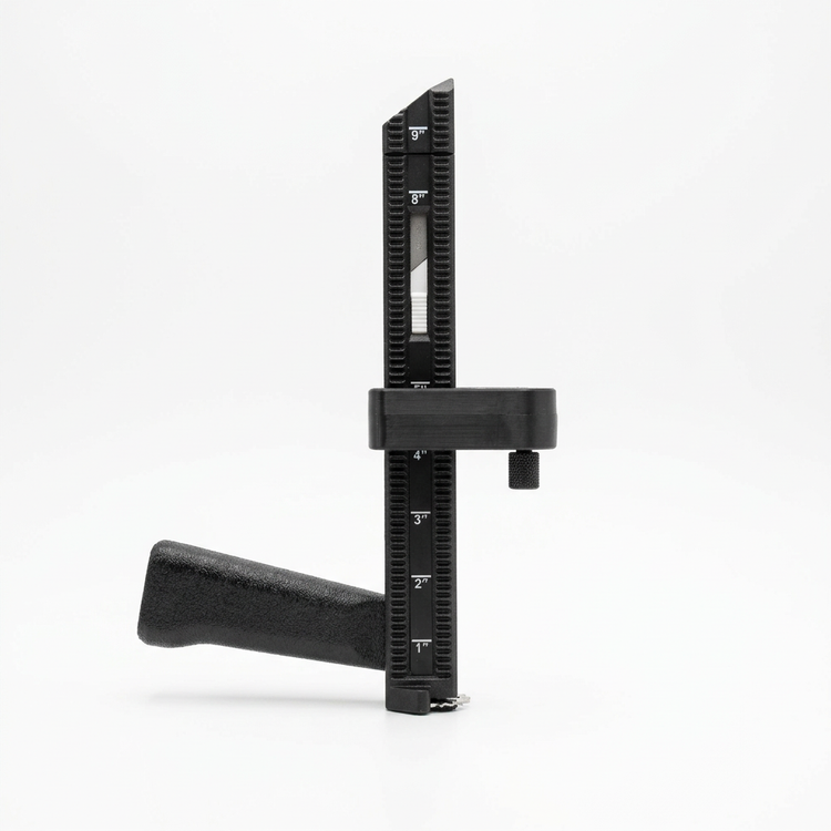 BoxPal Pro 2.0 box resizer standing upright on white, showing the 1 to 9 inch depth guide, blade window, adjustable positioner, and grip